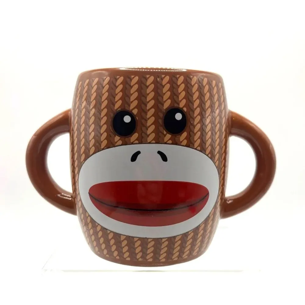 Cute Sock Monkey Two Handled Ceramic Coffee, Drink Mug/Cup - Brown